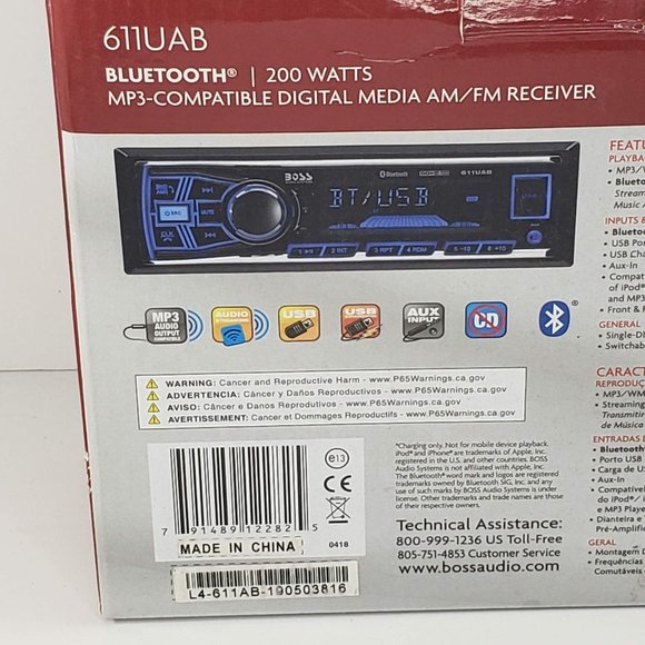 Boss Audio Bluetooth MP3 Digital Media AM FM Receiver Car Stereo 611UAB Open Box - Picture 4 of 6